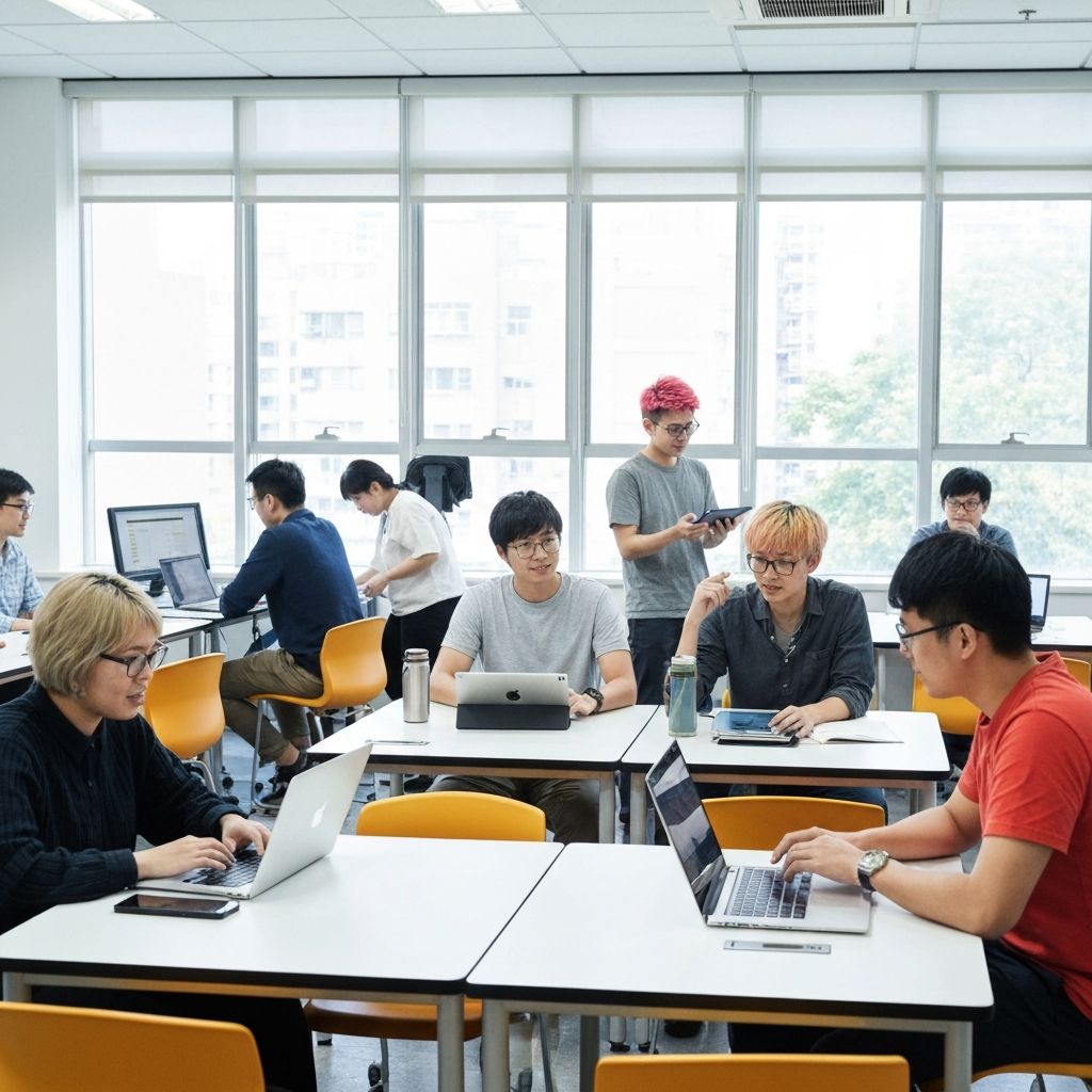 現代大學校園，學生在科技專案上進行協作